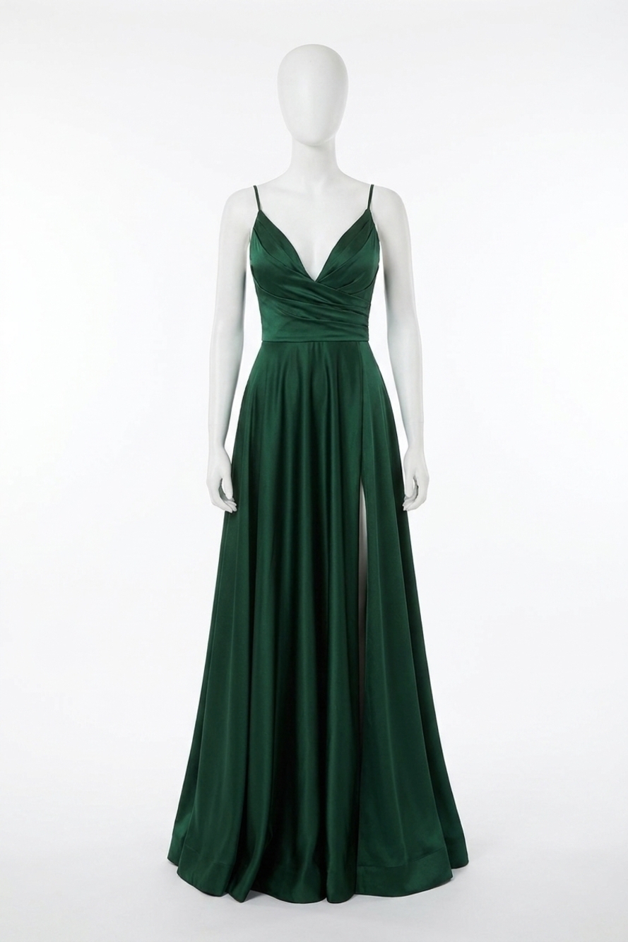 NEW LA FEMME v-neck long a-line prom dress in emerald